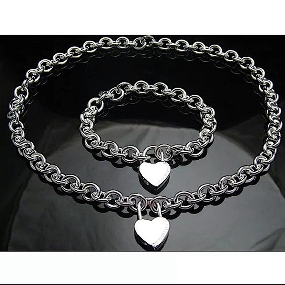 Sterling Silver Heart Lock Pendant Necklace Bracelet Set - Picture 3 of 6